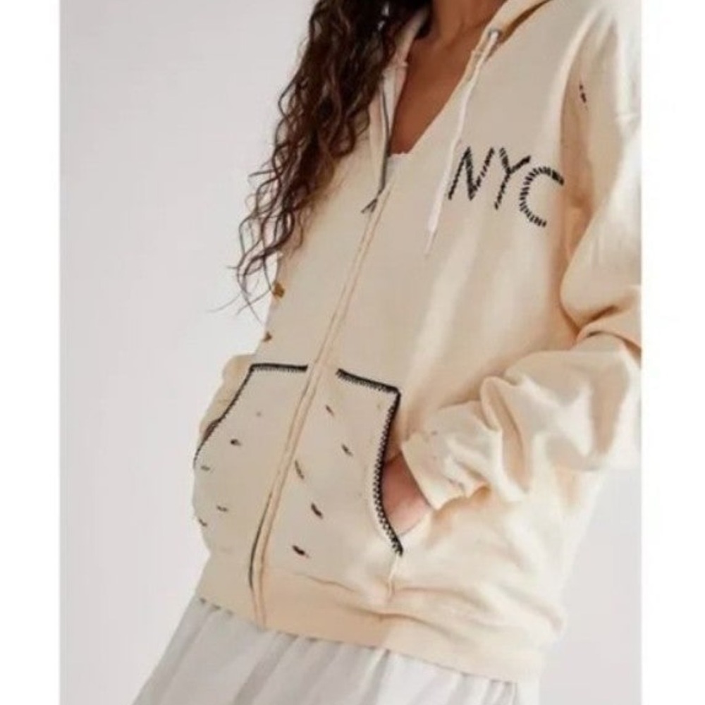Cream NYC Hoodie by Free PeopleX Tricia Fox distressed zip up embroidered hoodie